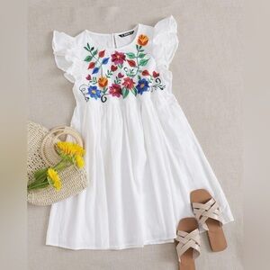 Mexican Cinco De Mayo White Bright Floral Embroidery Ruffled Lined Dress Large